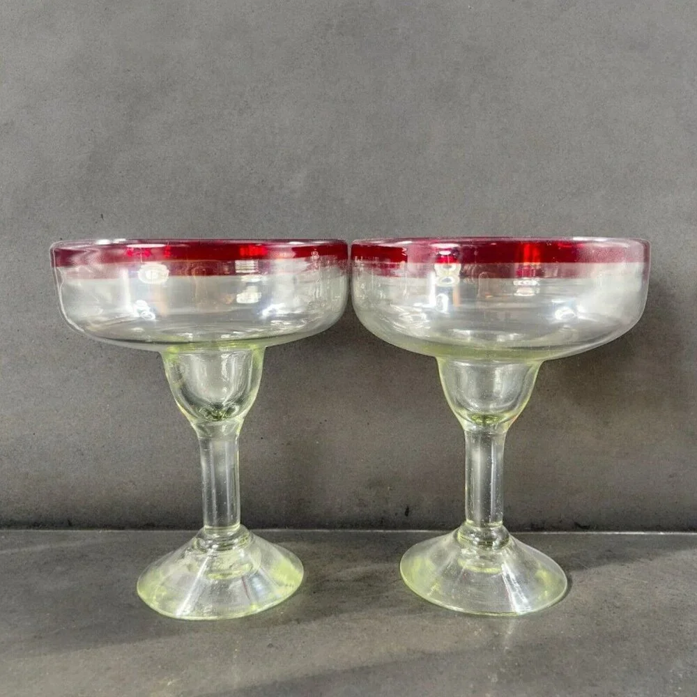 Hand Blown Clear Margarita Drinking Glasses Set 2 With Red Edges Hand Made Glass